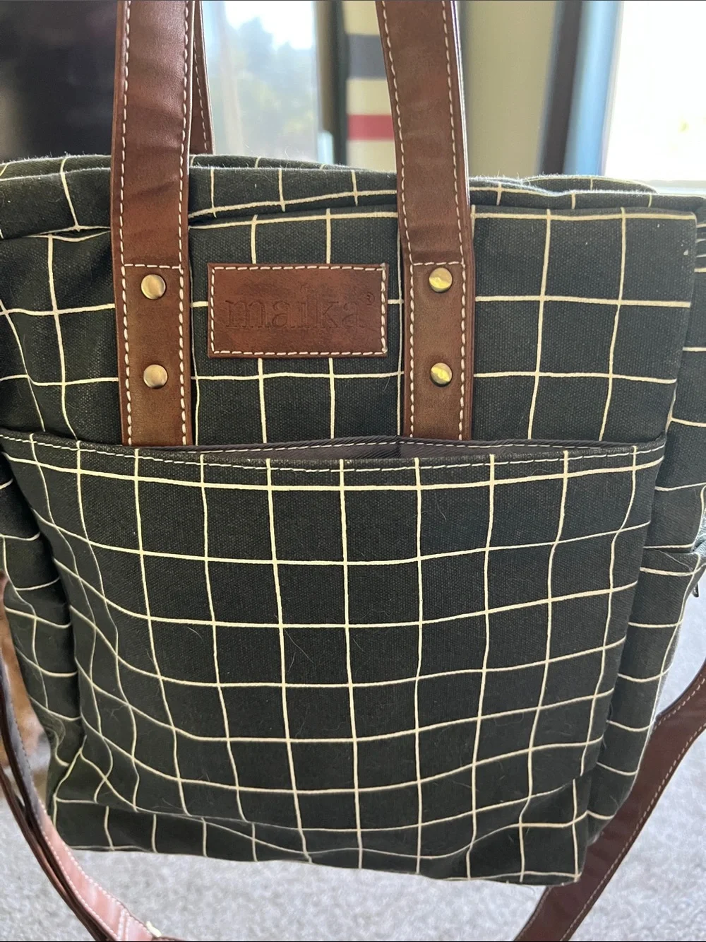 Maika Black Grid Messenger Bag with Brown Trim